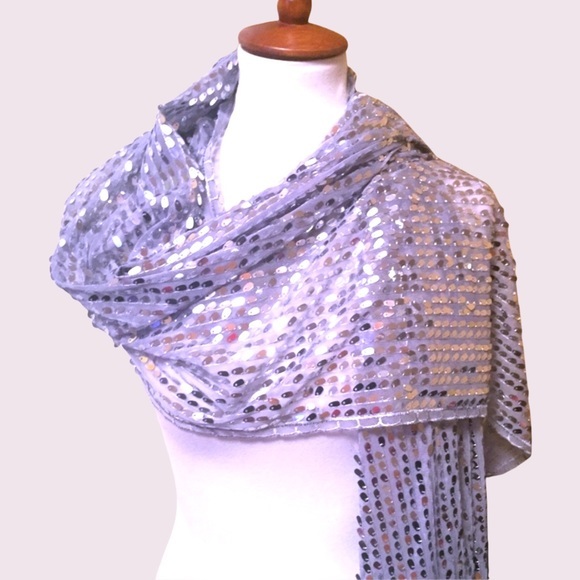 METALLIC Silver sequins shiny Shawl/scarf/pashmina 75x25”
